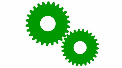 Animated green two gears spin. Looped video. Concept of teamwork, business.  Vector illustration isolated on white background.