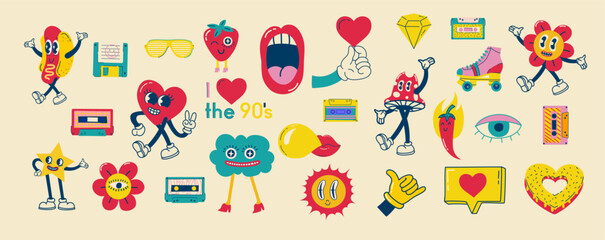 Fashion patch badges with lips, hearts, speech bubbles and other elements. Vector illustration set of stickers, pins, patches in cartoon 80s-90s style.