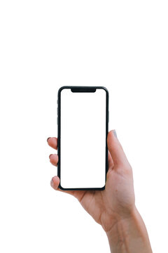 Hand holding black iPhone isolated. Mobile phone on white background for app, web design, logo, wireframes... Smarphone on PNG file transparent