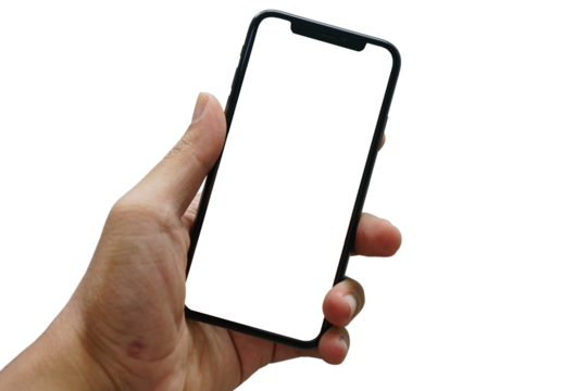 Hand holding black iPhone on white background. Mobile phone isolated for app, web design, logo, wireframes... Smarphone on PNG file transparent