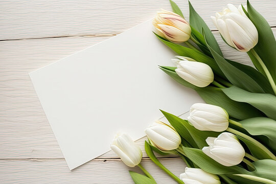 Blank space mockup for text layout Mother's day greeting banner beautiful tulips on wooden background. Generative AI.