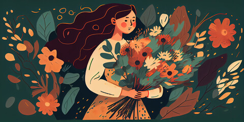 Obraz na płótnie Canvas illustration of a woman holding a bouquet of flowers in dark green background. Generative AI