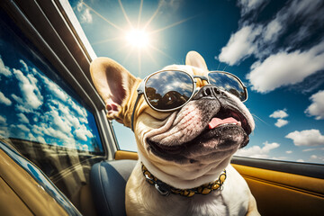 French bulldog wearing sunglasses enjoys car ride. Generative AI