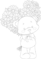 Cute cartoon teddy bear with flower bouquet sketch template. Graphic vector illustration in black and white for games, background, pattern, decor. Cildrens story book, coloring paper, page, print