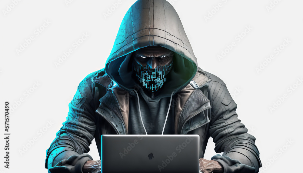 Poster hacker in hoodie and mask using laptop computer. generative ai