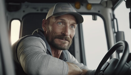 Portrait of a handsome mature man driving a truck, looking at camera and smiling. Generative AI