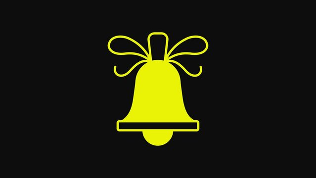 Yellow Merry Christmas ringing bell icon isolated on black background. Alarm symbol, service bell, handbell sign, notification. 4K Video motion graphic animation