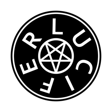 Sigil of Lucifer icon, sticker or t-shirt print design illustration in Gothic style. Lucifer text in circle, vector isolated on white background. 