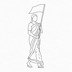  Indian  Bengali woman on movement strike on road with flag wearing Sharee line art illustration