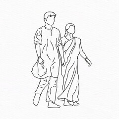Indian Bengali Couple walking on road wearing Panjabi and Sharee line art illustration
