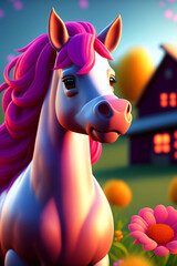 A cute horse in front of a barn with colorful flowers. Farm animal. Generative AI.