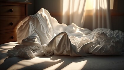 crumpled sheets on bed warm morning atmosphere waking up