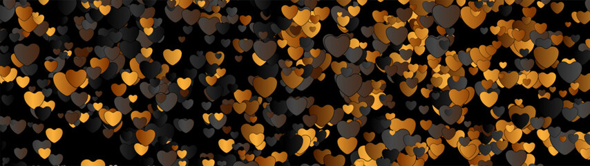 Valentines Day abstract background with black and golden hearts. Greeting card retro vector banner design