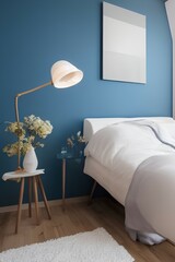 Element of cozy bedroom in modern apartment with new interior, sconces lamp on blue wall and flowers at nightstand table near comfortable bed - generative ai