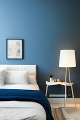 Element of cozy bedroom in modern apartment with new interior, sconces lamp on blue wall and flowers at nightstand table near comfortable bed - generative ai