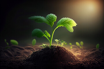 young plant with ground backdrop and dawn light, New life idea. modern agricultural theme. Generative Ai