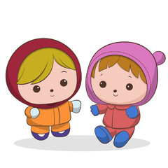 cute little girls play together in winter doodle art vector.