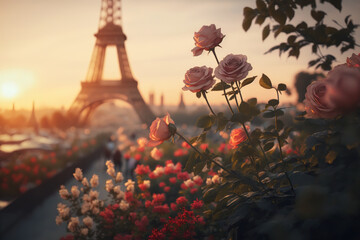 Blooming roses and Eiffel tower create a romantic scene in Paris. Based on Generative AI