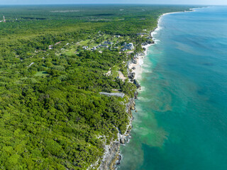 Aerial view of Mayan ruins and Tulum coast in Mexico. Panorama. - obrazy, fototapety, plakaty