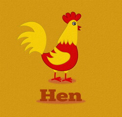 Cute red and yellow hen with text on colored background - illustration