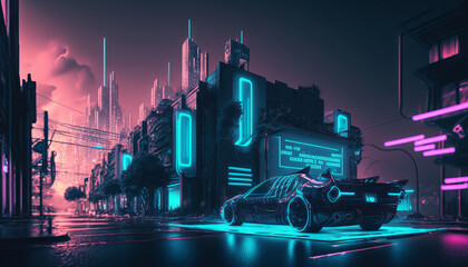 Futuristic city with neon lights and electric car. Generative AI