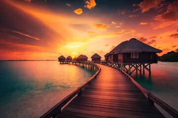 Fototapeta na wymiar Amazing Maldives sunset panorama luxurious resort villas with gentle LED lighting and a vibrant sky. Beautiful clouds and a sunset sky full of color. A lovely beach serves as the backdrop for a vacati