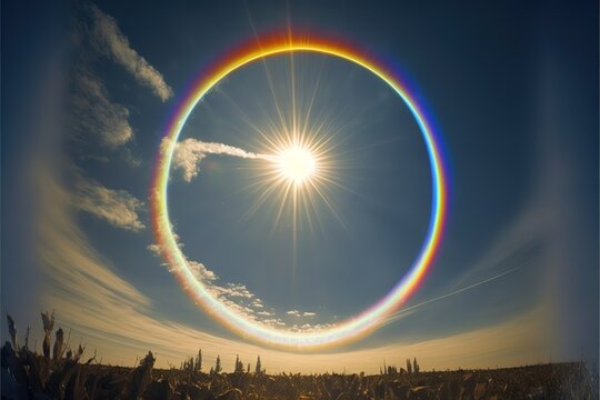 Beautiful sun halo phenomenon with circular rainbow, solar halo the ring