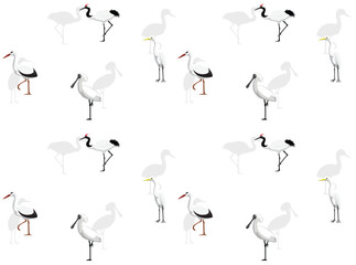 Spoonbill Egret Stork Crane Cute Cartoon Poses Seamless Wallpaper Background