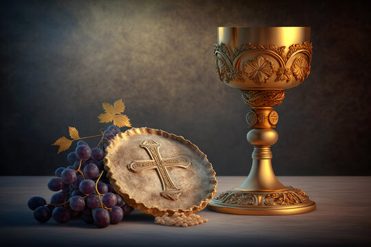 Holy communion picture showing a golden chalice with grapes and bread. Generative Ai.