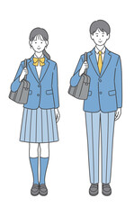 カバンを持つの男子学生と女子学生の全身イラスト