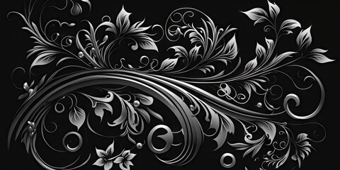 Retro styled black floral decoration with flowers and curls. Generative AI