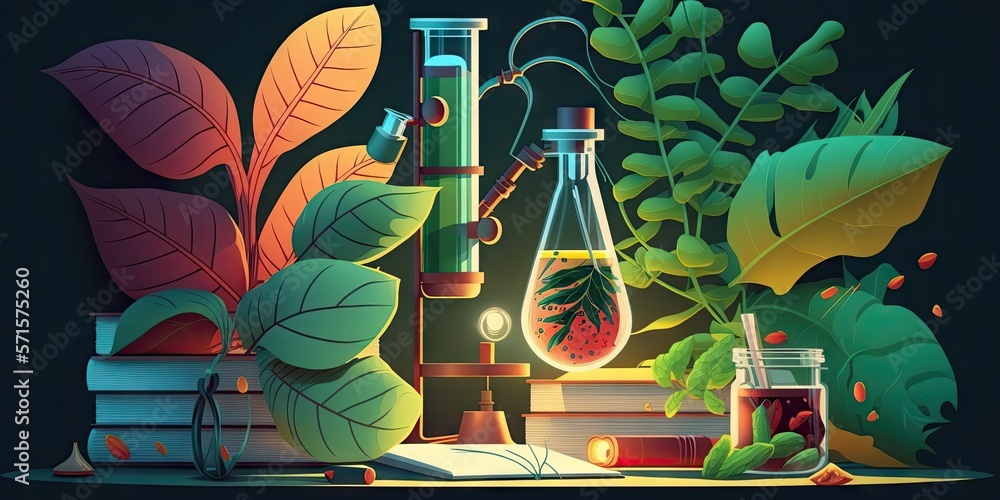 Poster tests of plants in laboratory. glasswares and microscope in classroom or laboratory. science and edu