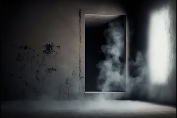 Empty dark abstract cement wall and studio room with smoke float up interior texture for display products wall background