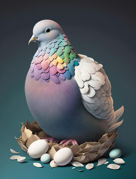 Colorful dove in her neast with eggs. Easter illustration. Generative AI. 