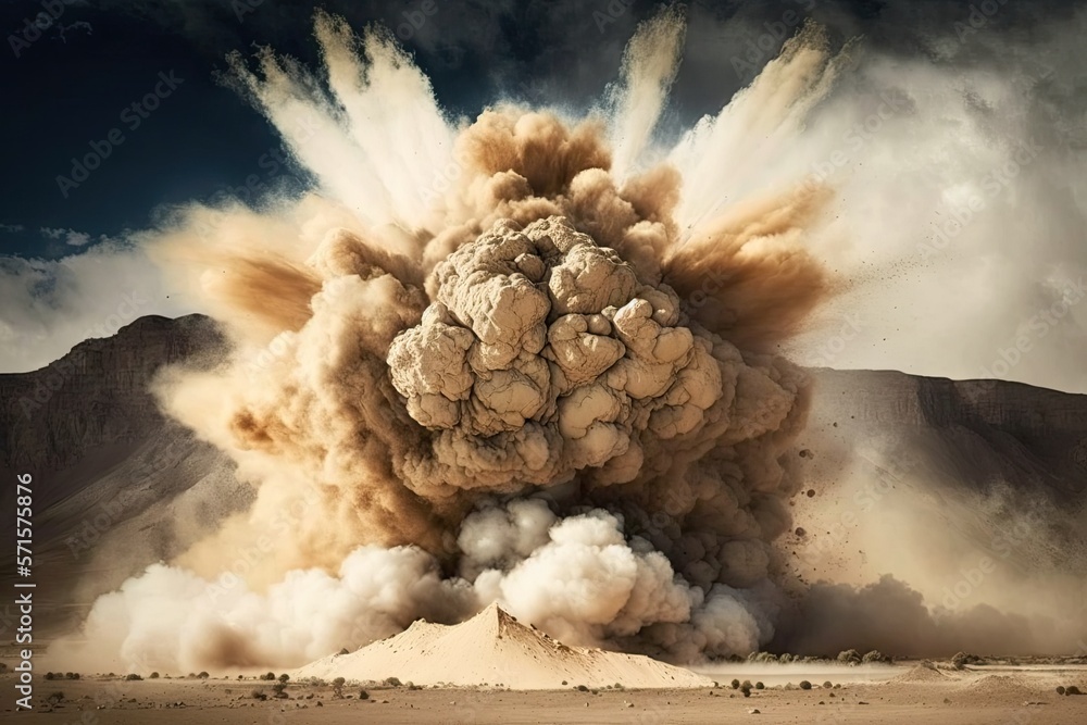 Poster during detonator blasting at the mining site, there are clouds of rock dust. generative ai