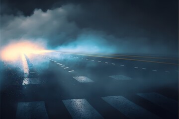 Racing finish line on asphalt ground with dark blue shining spotlights above the mist, smoke floats up. illustration