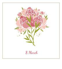 Happy Women's Day 8 March. Vector postcard bouquet of peonies