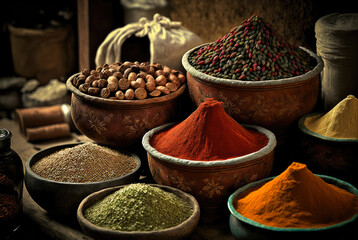 Different types spices in bowls selling on a market. Created with Generative AI.