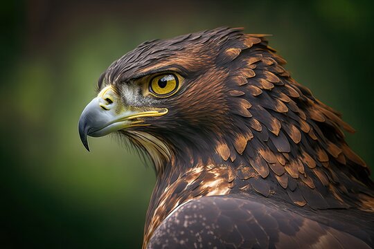 The hawk is paying close attention. up close portrait of a hawk eagle. Generative AI