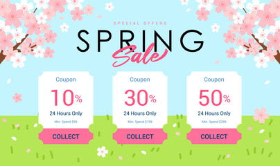 Spring Sale coupon template, Cherry Blossoms tree branch background vector illustration. Spring promotion - obrazy, fototapety, plakaty