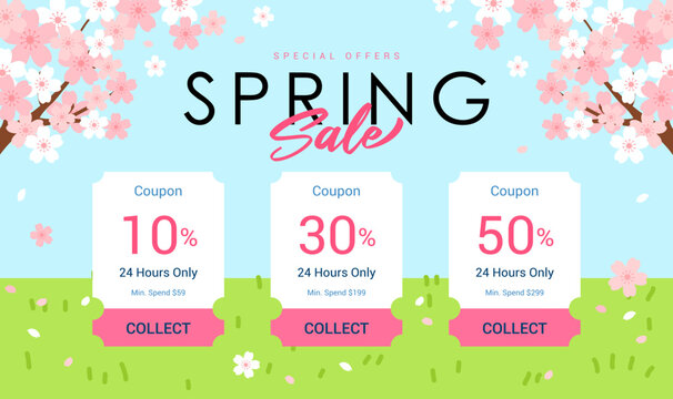 Spring Sale Coupon Template, Cherry Blossoms Tree Branch Background Vector Illustration. Spring Promotion