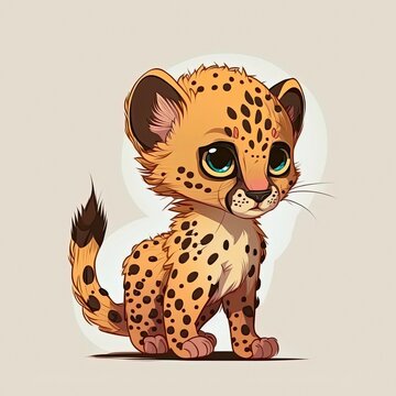 Cute little leopard kitten, cartoon character. Spotted panther, small pretty cat. Generative AI art.