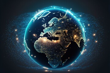 Flying earth network interface on blue background, Global network connection, Big data analytics, business intelligence, World map point line composition concept of global business, Digital link tech