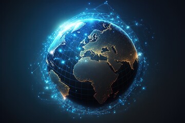 Fototapeta na wymiar Flying earth network interface on blue background, Global network connection, Big data analytics, business intelligence, World map point line composition concept of global business, Digital link tech