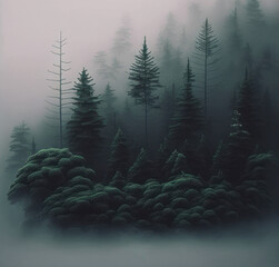 mysterious forest with foggy trees. dark atmospheric mood. generative ai