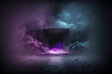 Fototapeta na wymiar The dark stage shows, dark purple, multicolored background, an empty dark scene, neon light, spotlights The asphalt floor and studio room with smoke float up the interior texture for display products