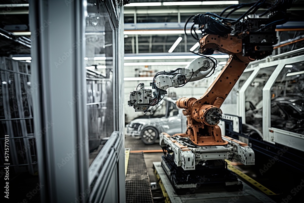 Aufkleber high-tech robot effortlessly assembling a car in a futuristic factory setting. generative ai