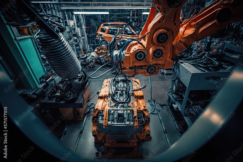 Aufkleber high-tech robot effortlessly assembling a car in a futuristic factory setting. generative ai