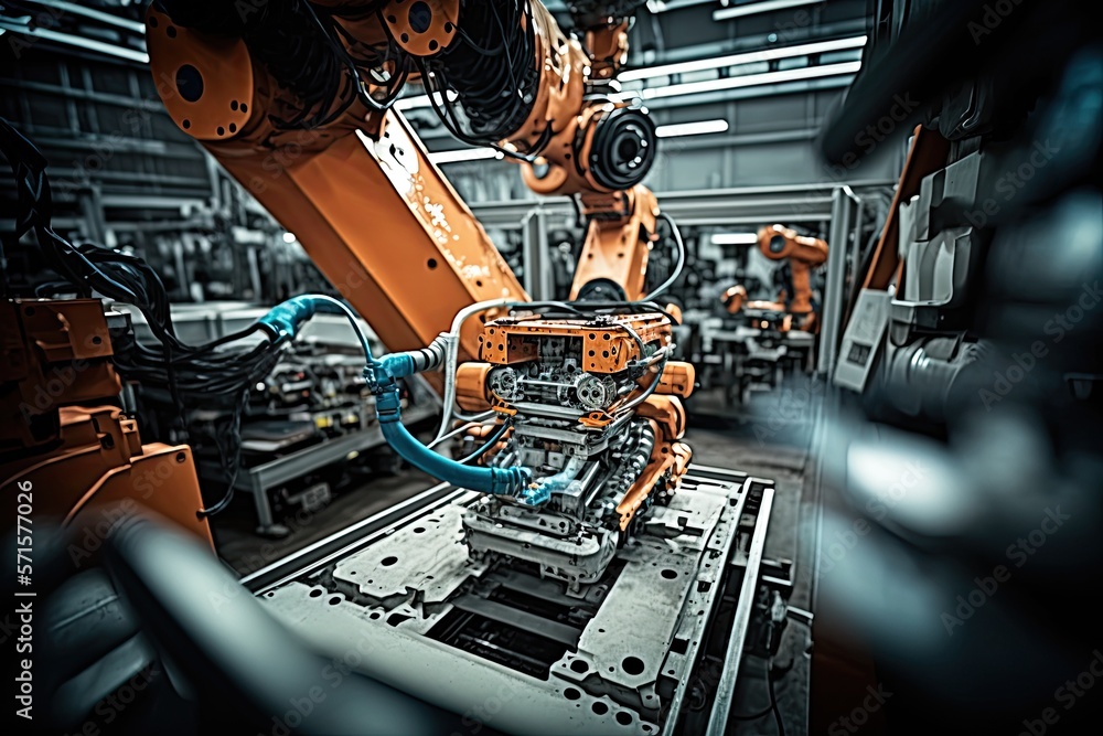 Aufkleber high-tech robot effortlessly assembling a car in a futuristic factory setting. generative ai