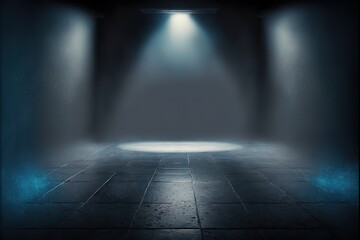 The dark stage shows, empty dark blue scene background, neon light, and spotlights The asphalt floor and studio room with smoke float up the interior texture for display products